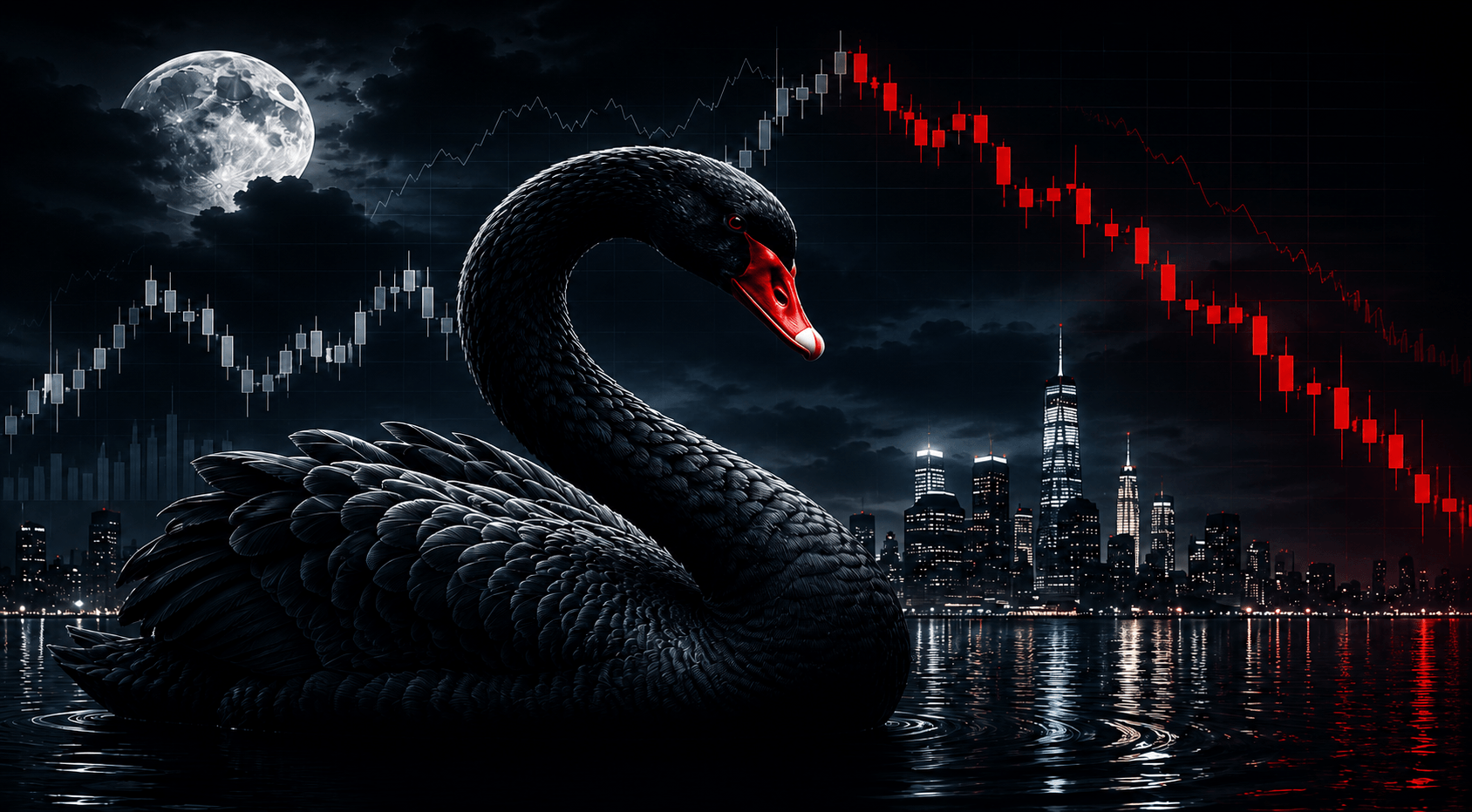 Black swan with financial charts over a nighttime city